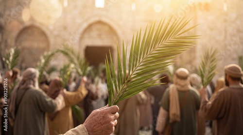 Palm Sunday celebration with people holding palm branches in a sunny outdoor setting.