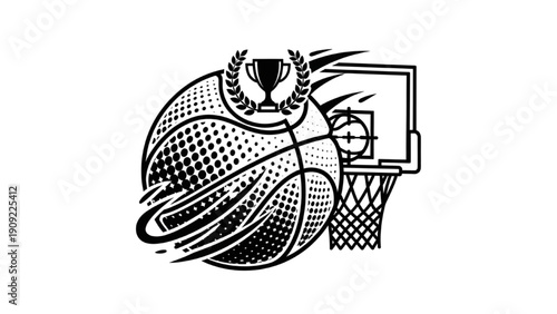 Basketball going through basketball hoop with trophy and laurel wreath in a dynamic illustration