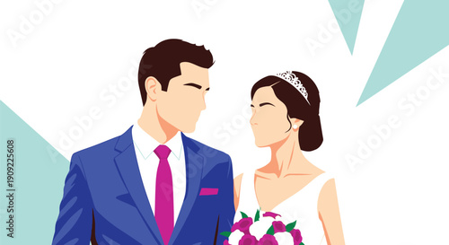 Minimalist illustration of bride and groom looking at each other