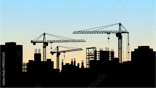 Cityscape with cranes and buildings under construction viewed from a distance at dusk