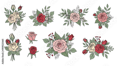 A collection of floral arrangements featuring roses and leaves in various styles and colors, presented in a grid on a clean background.