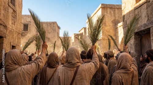 Palm Sunday procession in ancient Jerusalem, people waving palm branches.