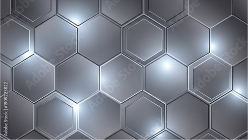 A high-angle view of a metallic hexagonal pattern with reflective surfaces and gradient shading