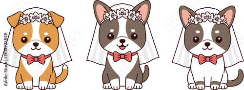 Three cute cartoon puppies wearing wedding veils and bow ties