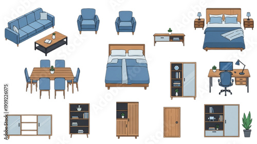 Furniture collection featuring sofa, bed, chairs, and table in various rooms, displayed from a front view