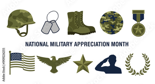 Illustration for National Military Appreciation Month with military gear and patriotic symbols