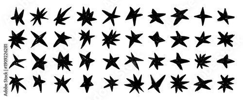 Hand drawn crayon black star doodle set. Rough chalk sketch star icons with expressive brush texture. Abstract ink stars collection isolated on white background.