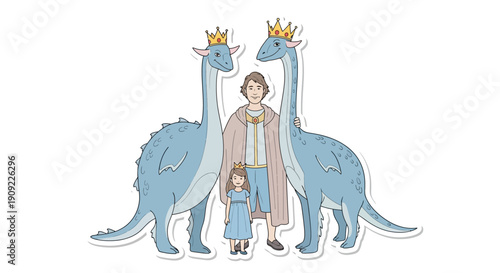 Family of dinosaurs wearing crowns with a king, queen, and princess in a cartoon