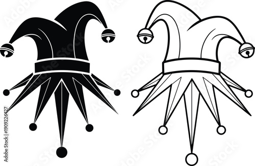 Black and white jester hat illustration with bells carnival clown costume symbol isolated on white background vector design graphic icon set