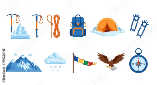 A collection of mountaineering equipment landscape elements and wildlife icons on a white background