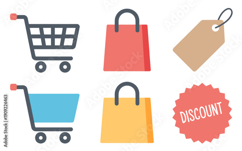 Shopping icons in flat design with bright colors and bold shapes for e-commerce