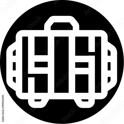 Rolling suitcase icon displaying its handle, wheels, and side pockets, set within a solid black circle, symbolizing business travel, vacation, and luggage concepts