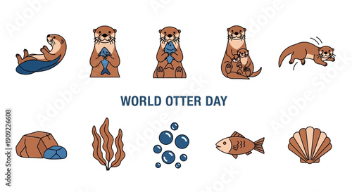 Cartoon illustrations of otters and aquatic elements for World Otter Day