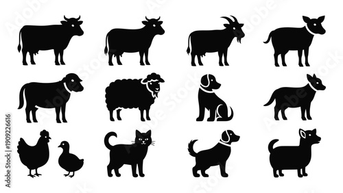 A collection of diverse farm animals depicted in black silhouette icons isolated on white background, Vector
