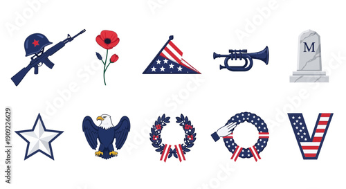 Collection of ten patriotic and militarythemed graphic icons on a white background