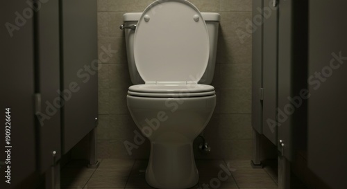 Front view of a public restroom toilet with open lid, a symbol of sanitation and hygiene