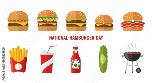 Flat illustration of hamburgers fries drinks condiments and a grill for National Hamburger Day
