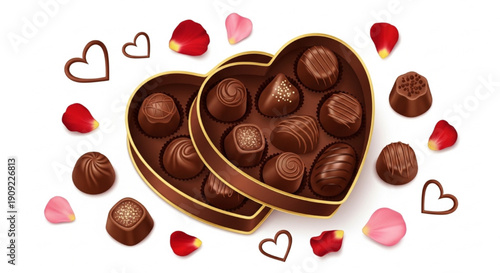 Heart-Shaped Chocolate Box with Roses and Hearts Vector Illustration