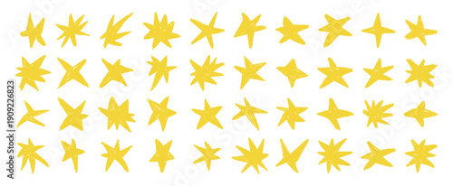 Hand drawn crayon yellow star set in doodle style. Playful chalk sketch stars with rough brush texture and organic shapes. Cute abstract star collection isolated on white background