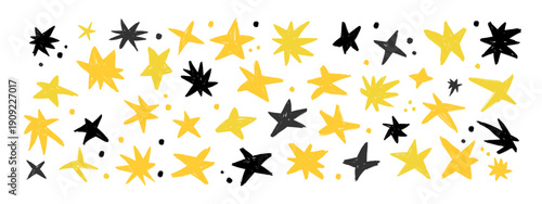 Hand drawn chalk yellow and black star doodle pattern. Playful sketch stars with crayon texture and scattered dots. Seamless abstract background for kids and creative design.