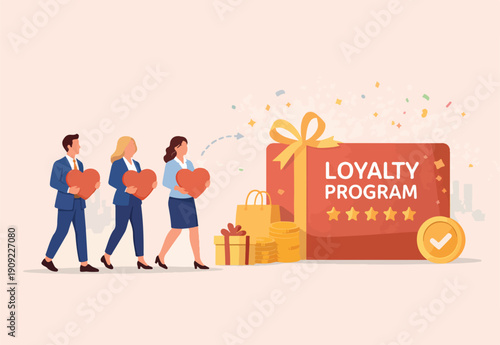 Loyalty program, gift card reward or spending bonus, shopping or sale to earn promotion prize, discount or redeem reward concept, people customer hold heart shape redeem loyalty reward.