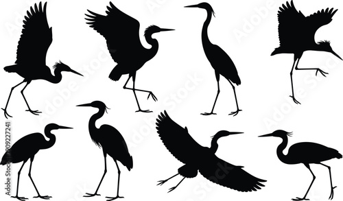 Black heron silhouette collection featuring elegant crane birds in flight wading and standing poses for wildlife nature designs wetland graphics and decorative avian vector illustrations