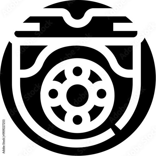 Engine piston icon showing a mechanical part assembling a component for automotive power, representing concepts of internal combustion, automobile parts, and repair services in engine machinery