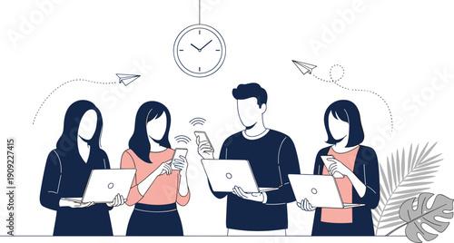 Modern business team illustration using laptops and smartphones symbolizing digital communication remote work productivity collaboration and time management efficiency workflow concept