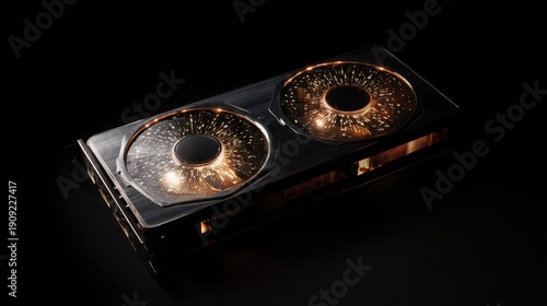 Computer graphic processing unit on dark background. Video card for gaming, cryptocurrency mining, and deep learning. Abstract technology concept.