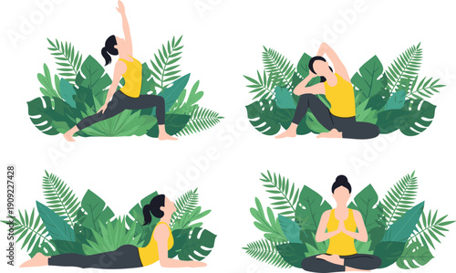 Yoga exercise illustration set showing woman performing stretching meditation and flexibility poses surrounded by green tropical leaves in flat vector style