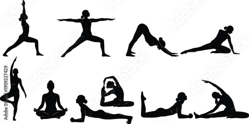 Yoga poses silhouette set showing female practicing asanas meditation stretching isolated on white background wellness fitness illustration calm balance flexibility