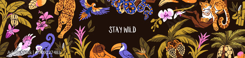 Design of banner with circle border from wild nature of the jungle. Template of round frame from palm trees, exotic animals, parrots, tropical flowers of the rainforest. Flat vector illustration