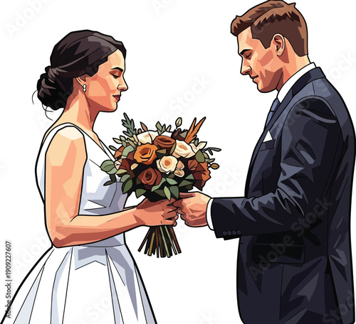Bride and groom holding flower bouquet on wedding day