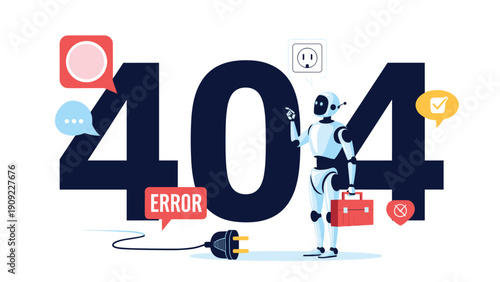 Creative 404 error page design with a robot technician holding a toolbox near a large numbers and a broken power plug.