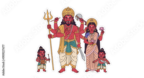 Hindu Deity Family Depicted in Vibrant Red and Gold Traditional Indian Art Style