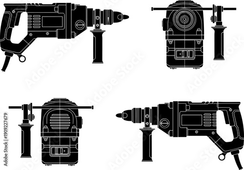 4 view Hammer Drill Vector Silhouettes Set: Professional Electric Power Tool Icon Collection for Construction, DIY Projects, Industrial Maintenance, and Repair Work Isolated on White Background.