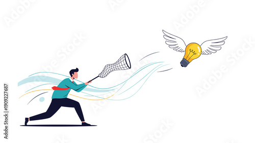 Energetic man running with a butterfly net trying to catch a flying lightbulb with wings representing the chase for ideas.