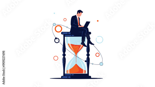 Professional man sitting on top of a giant hourglass while working on his laptop representing time management and deadlines.