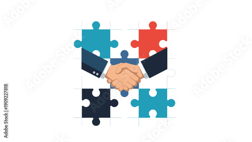 Two hands shaking in front of colorful interlocking puzzle pieces representing successful partnership and business solution.