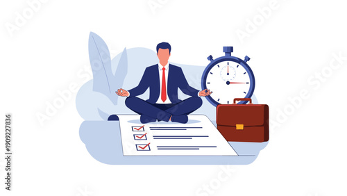 Businessman in a suit meditating while sitting on a giant checklist with a stopwatch and briefcase nearby for time management.