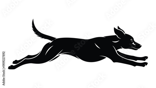 Black silhouette of a running dog with a focused expression and tongue out isolated on white background, Vector