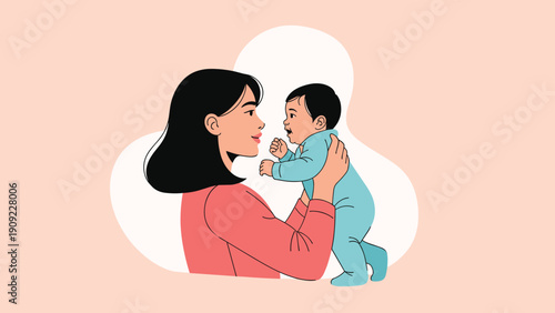 Loving mother holding her infant baby close in a tender embrace against a soft pink and white background in a vector style.