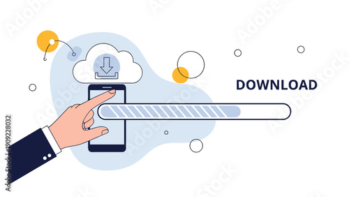 Hand touching a smartphone screen to initiate a file download from the cloud with a blue progress bar loading indicator.