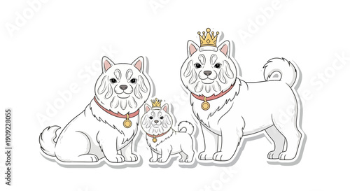 Adorable Family of White Dogs Wearing Crowns and Necklaces, Majestic
