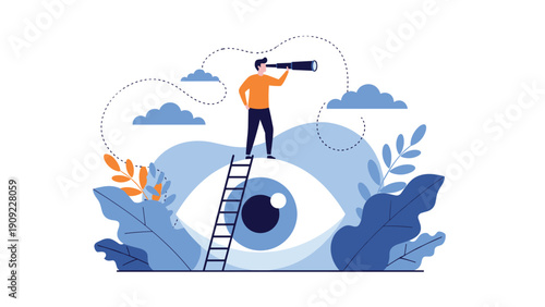 Man standing on a ladder on top of a giant eye using a telescope to look into the distance for vision and strategic insight.