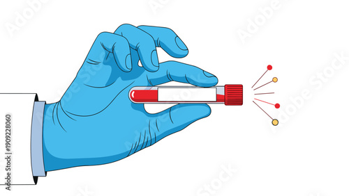 Medical professional in blue gloves holding a blood sample test tube for laboratory analysis and health diagnostic checks.