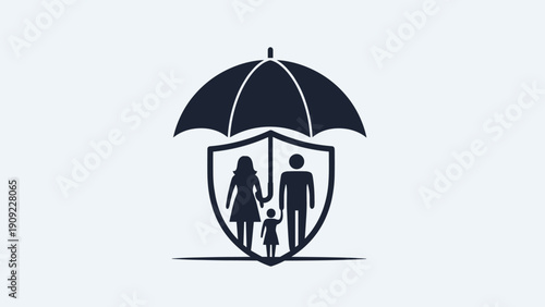 Family silhouette of three people standing under a large protective umbrella within a shield for an insurance concept.