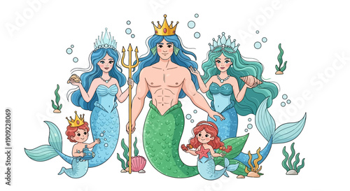A Merman King and Queen with Their Mermaid Family Under the Sea