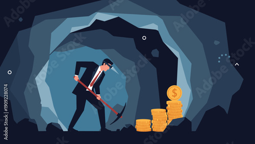 Hardworking businessman in a dark cave using a pickaxe to dig for stacks of golden coins representing wealth generation.