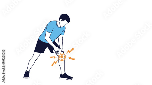 Athletic man in sports clothes holding his knee with bright orange pain symbols indicating an injury or medical problem.